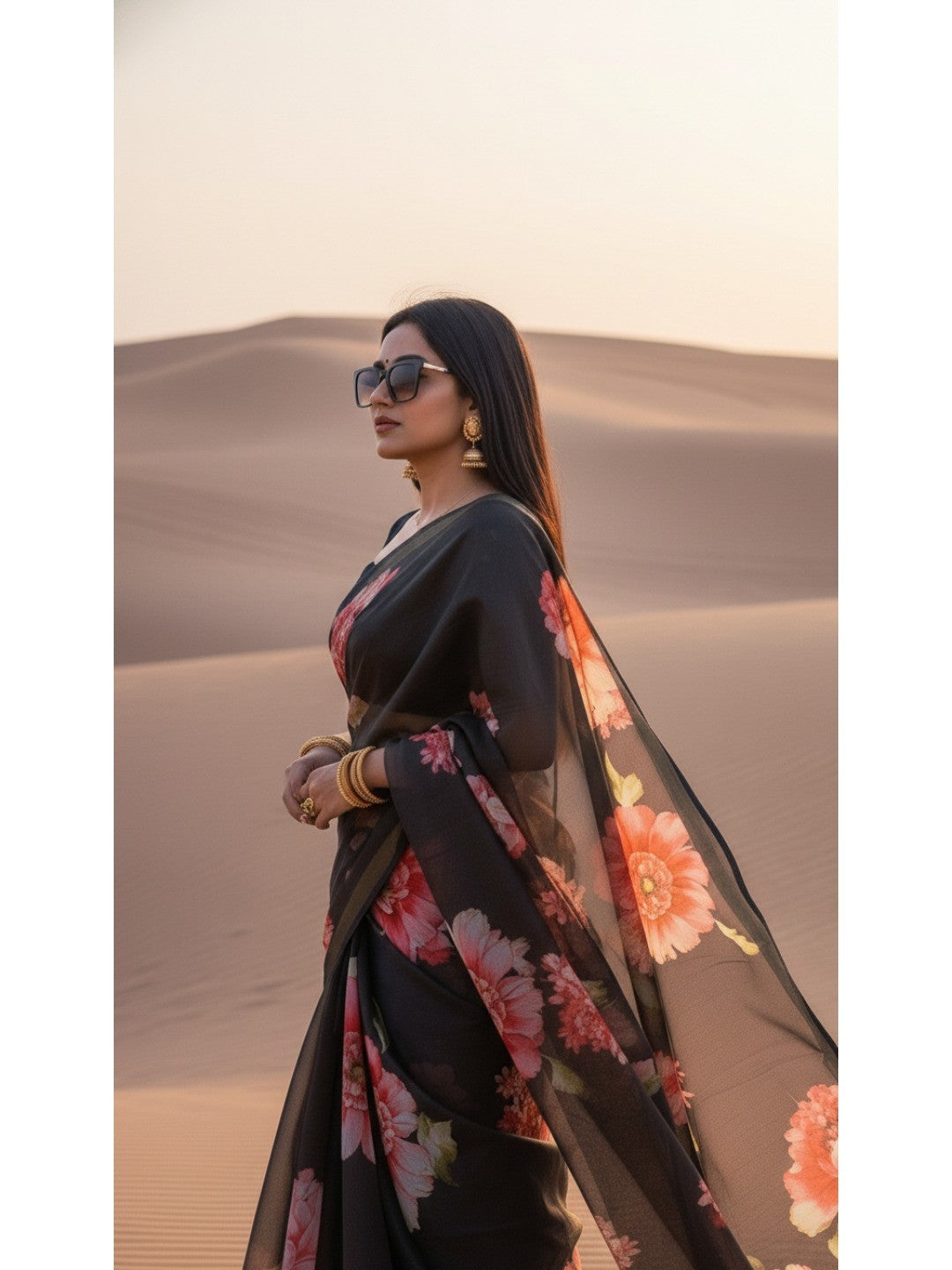 Charming Black Floral Printed Chanderi Cotton Saree Highlighted By Intricate Zari Border Work - Image 2