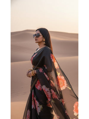 Charming Black Floral Printed Chanderi Cotton Saree Highlighted By Intricate Zari Border Work - Image 2
