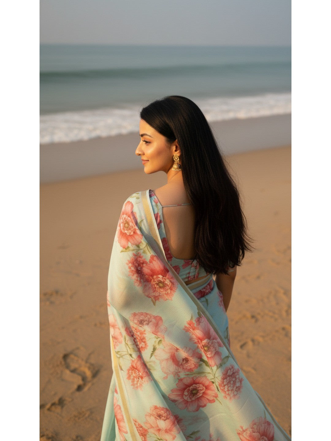 Charming Sea Green Floral Printed Chanderi Cotton Saree Highlighted By Intricate Zari Border Work - Image 3