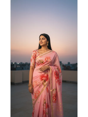 Charming Pink Floral Printed Chanderi Cotton Saree Highlighted By Intricate Zari Border Work - Image 2