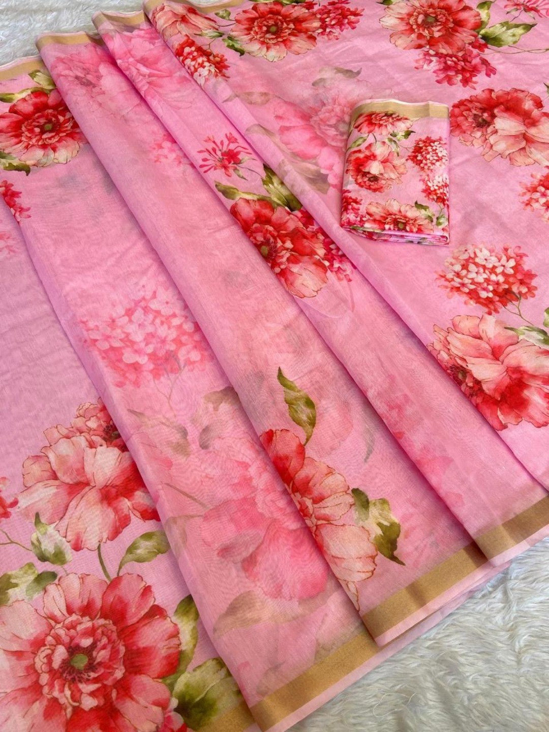 Charming Pink Floral Printed Chanderi Cotton Saree Highlighted By Intricate Zari Border Work - Image 4