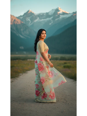 Charming Blue Floral Printed Chanderi Cotton Saree Highlighted By Intricate Zari Border Work - Image 2