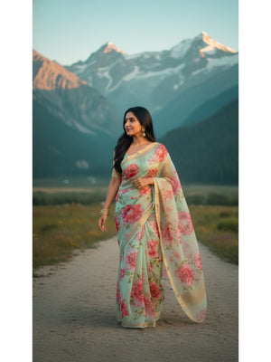 Charming Blue Floral Printed Chanderi Cotton Saree Highlighted By Intricate Zari Border Work - Image 1