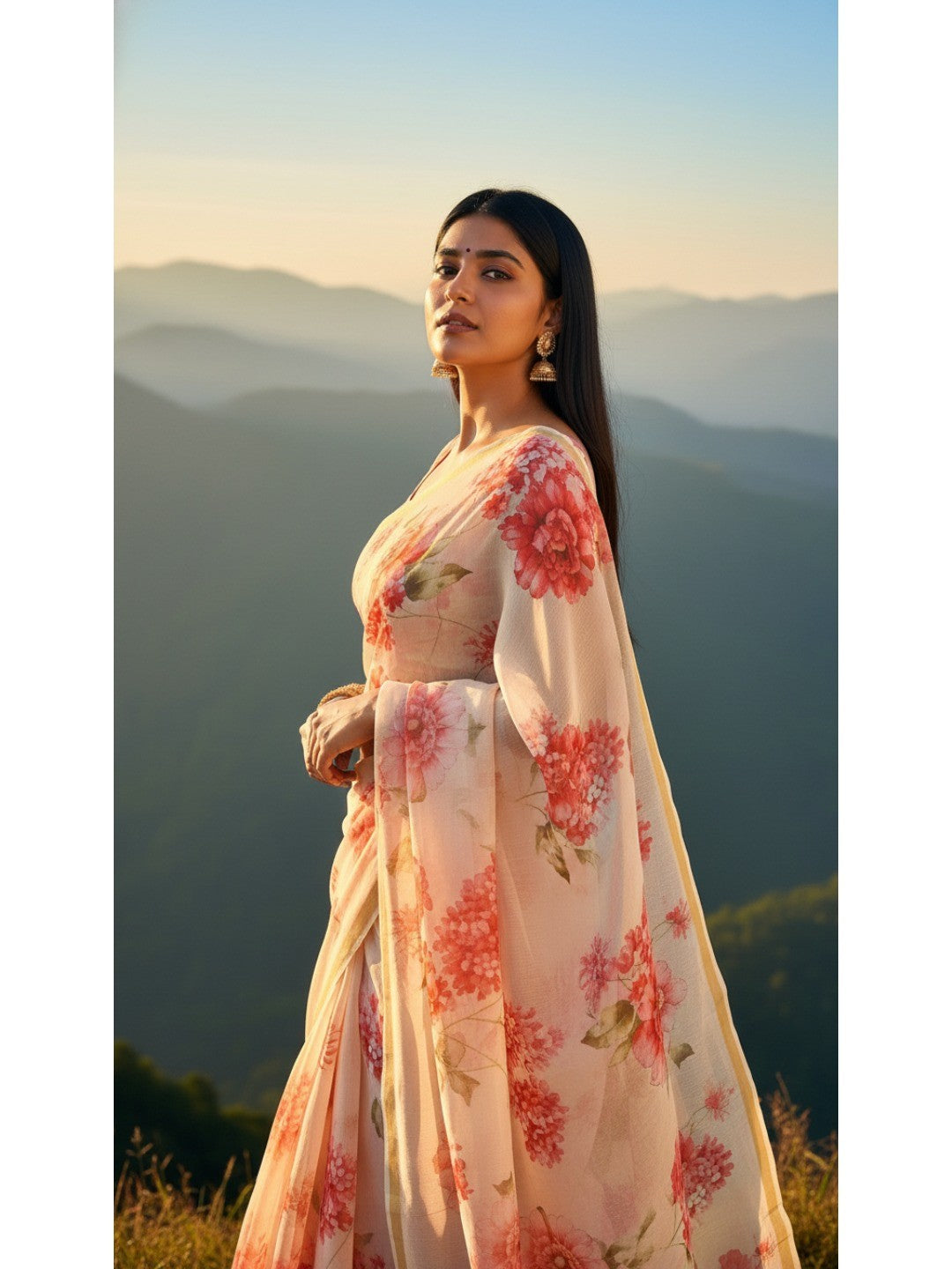 Charming Cream Floral Printed Chanderi Cotton Saree Highlighted By Intricate Zari Border Work - Image 3