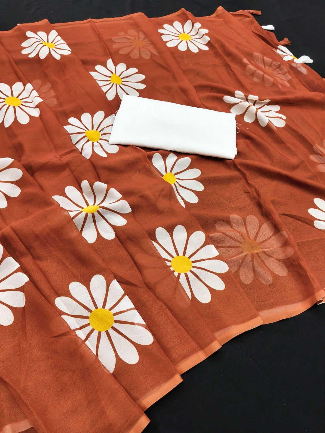 Rust Georgette Saree Featuring Delicate Floral Prints & Tassels Pallu - Image 3