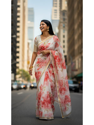Charming White Floral Printed Chanderi Cotton Saree Highlighted By Intricate Zari Border Work - Image 1