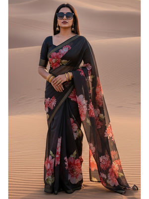 Charming Black Floral Printed Chanderi Cotton Saree Highlighted By Intricate Zari Border Work - Image 1