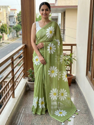 Olive Georgette Saree Featuring Delicate Floral Prints & Tassels Pallu - Image 1