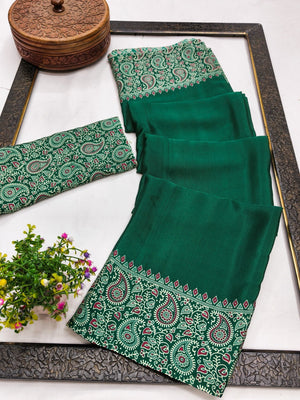 Green Satin Saree In Ajrakh Floral Print With Tassel Adorned Pallu - Image 2