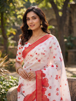 White & Red Heart Printed Linen Party Wear Saree with Elegant Draping - Image 2