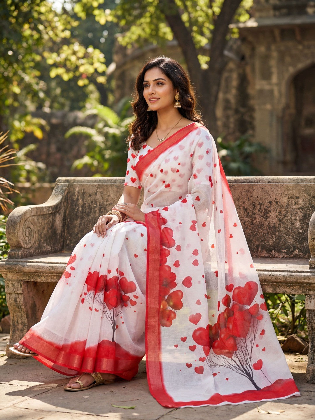 White & Red Heart Printed Linen Party Wear Saree with Elegant Draping - Image 4