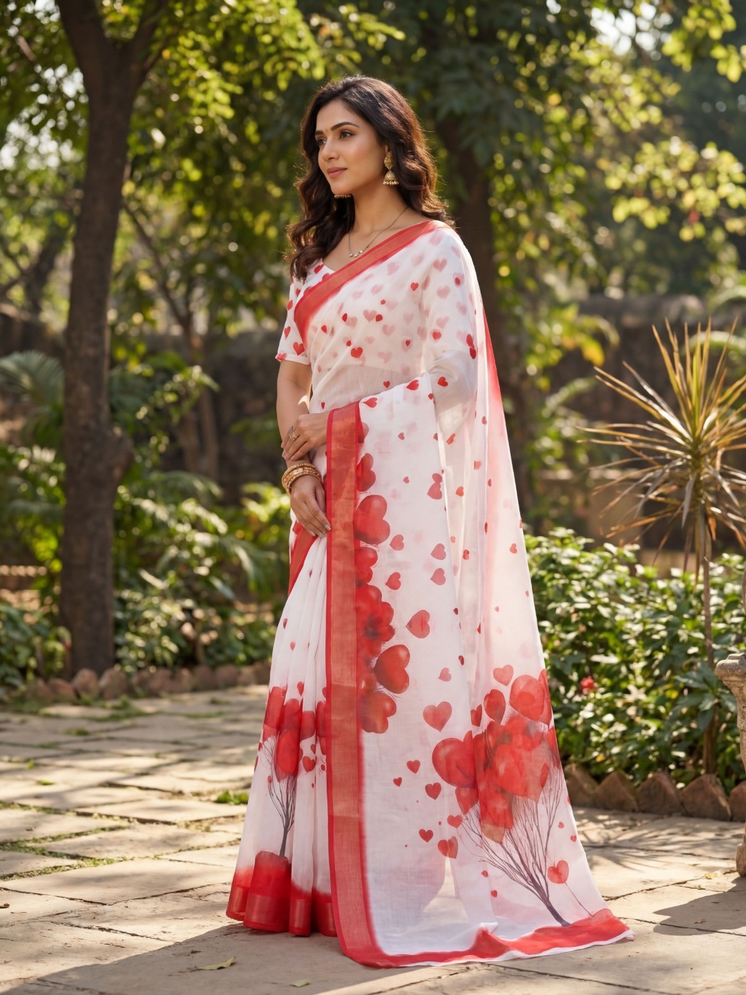 White & Red Heart Printed Linen Party Wear Saree with Elegant Draping - Image 5