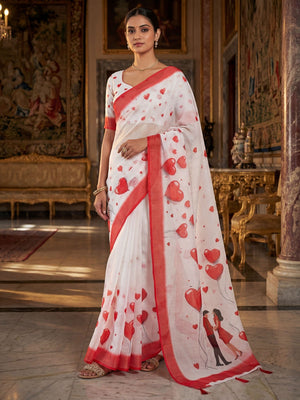 White & Red Heart Printed Linen Party Wear Saree with Contemporary Appeal - Image 1