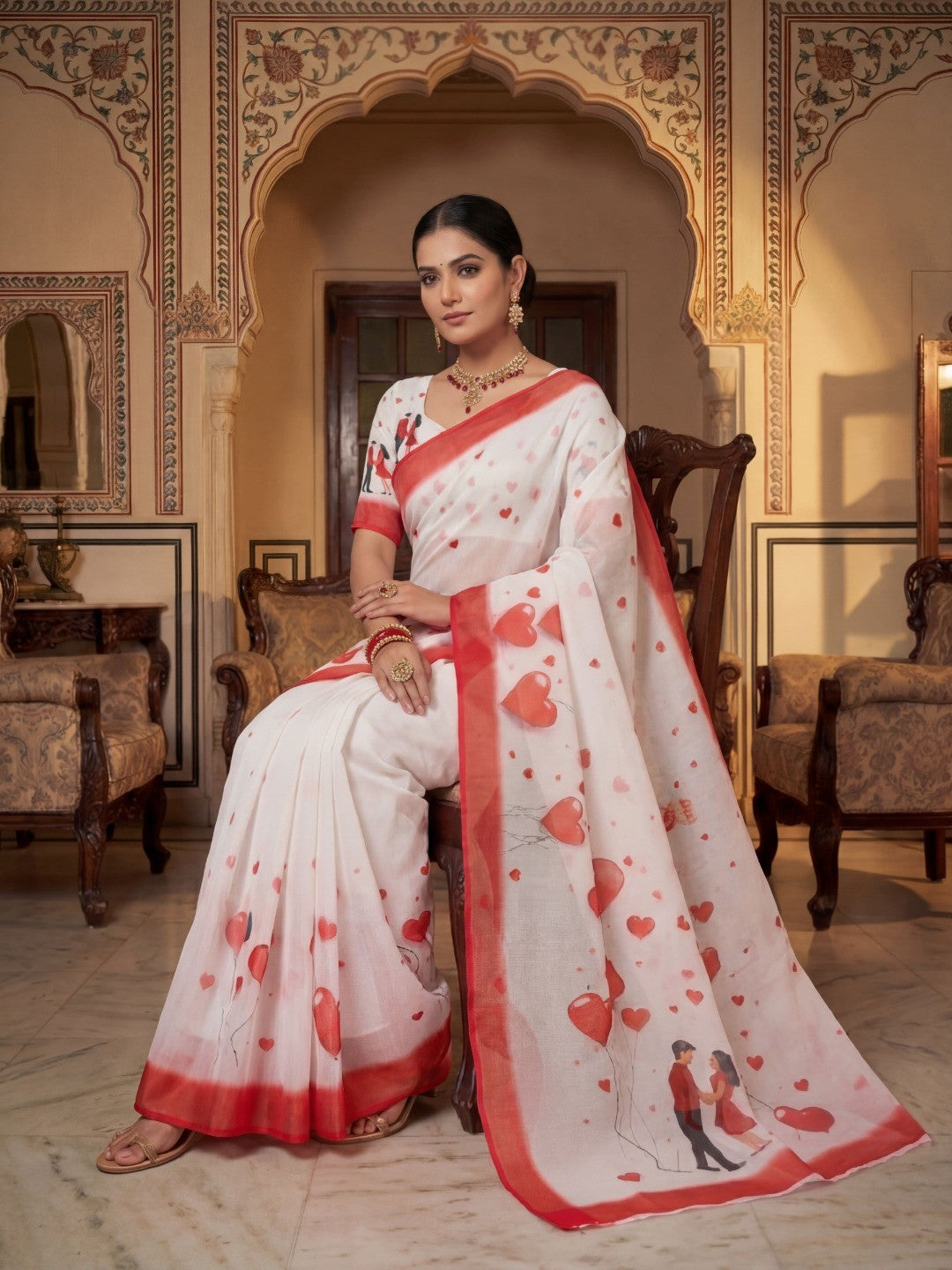 White & Red Heart Printed Linen Party Wear Saree with Contemporary Appeal - Image 4