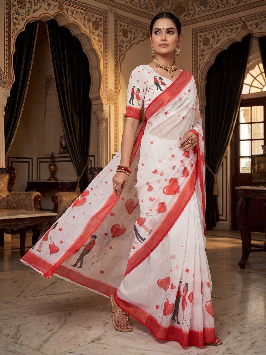 White & Red Heart Printed Linen Party Wear Saree with Contemporary Appeal - Image 5