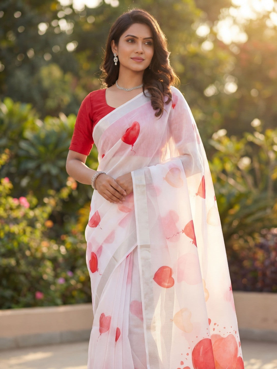 White & Red Heart Printed Linen Saree with Sophisticated Party Look - Image 2