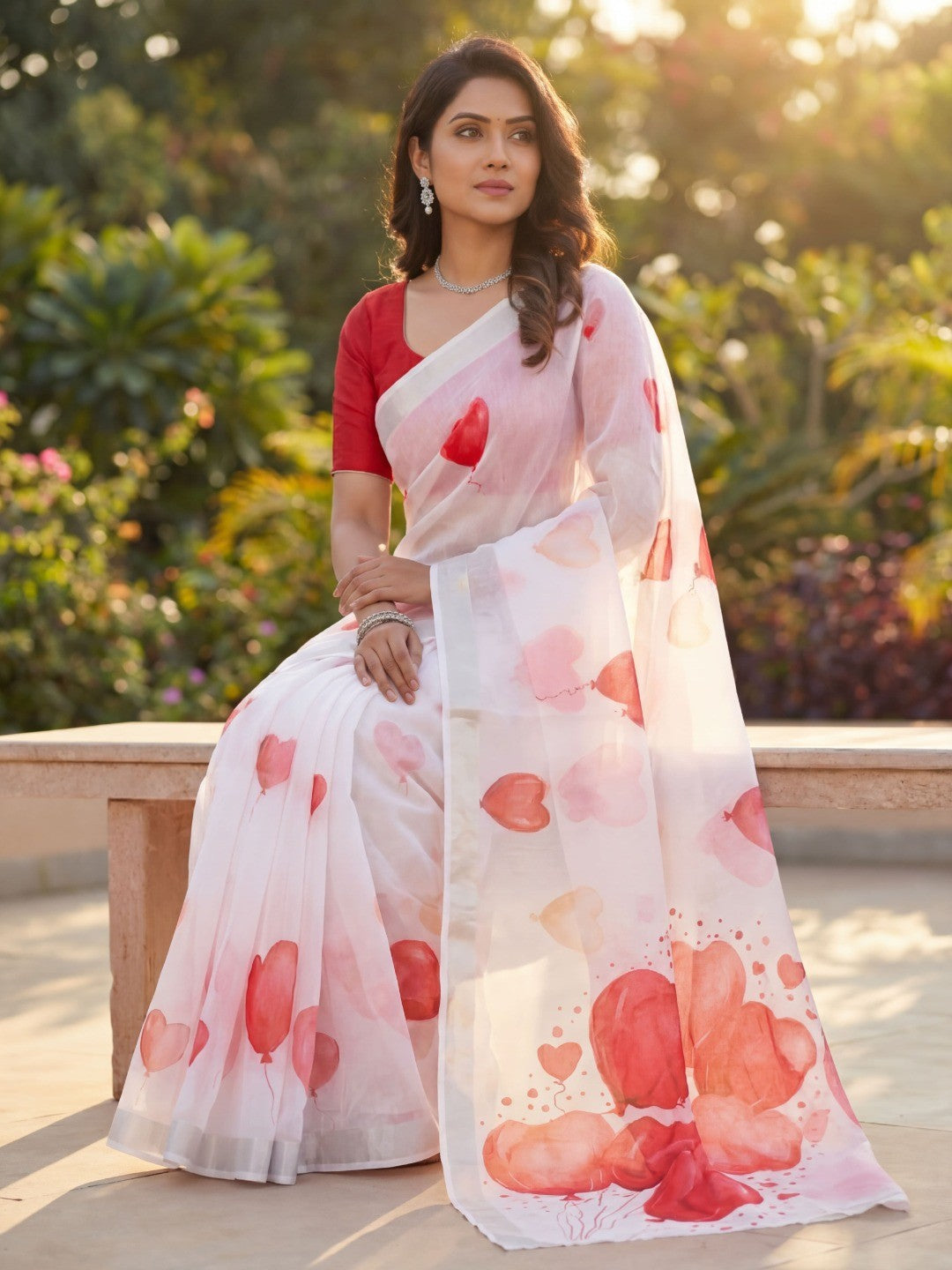 White & Red Heart Printed Linen Saree with Sophisticated Party Look - Image 4