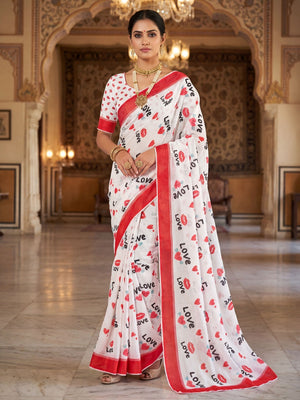 White & Red Abstract Printed Linen Saree with Sophisticated Party Look - Image 1