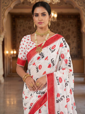 White & Red Abstract Printed Linen Saree with Sophisticated Party Look - Image 2