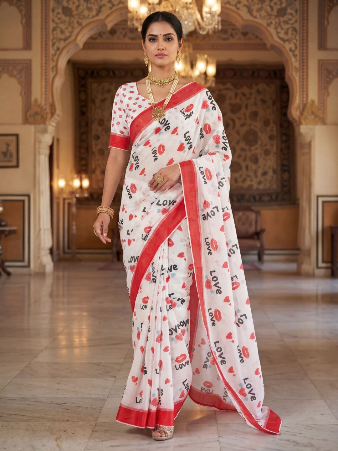 White & Red Abstract Printed Linen Saree with Sophisticated Party Look - Image 5