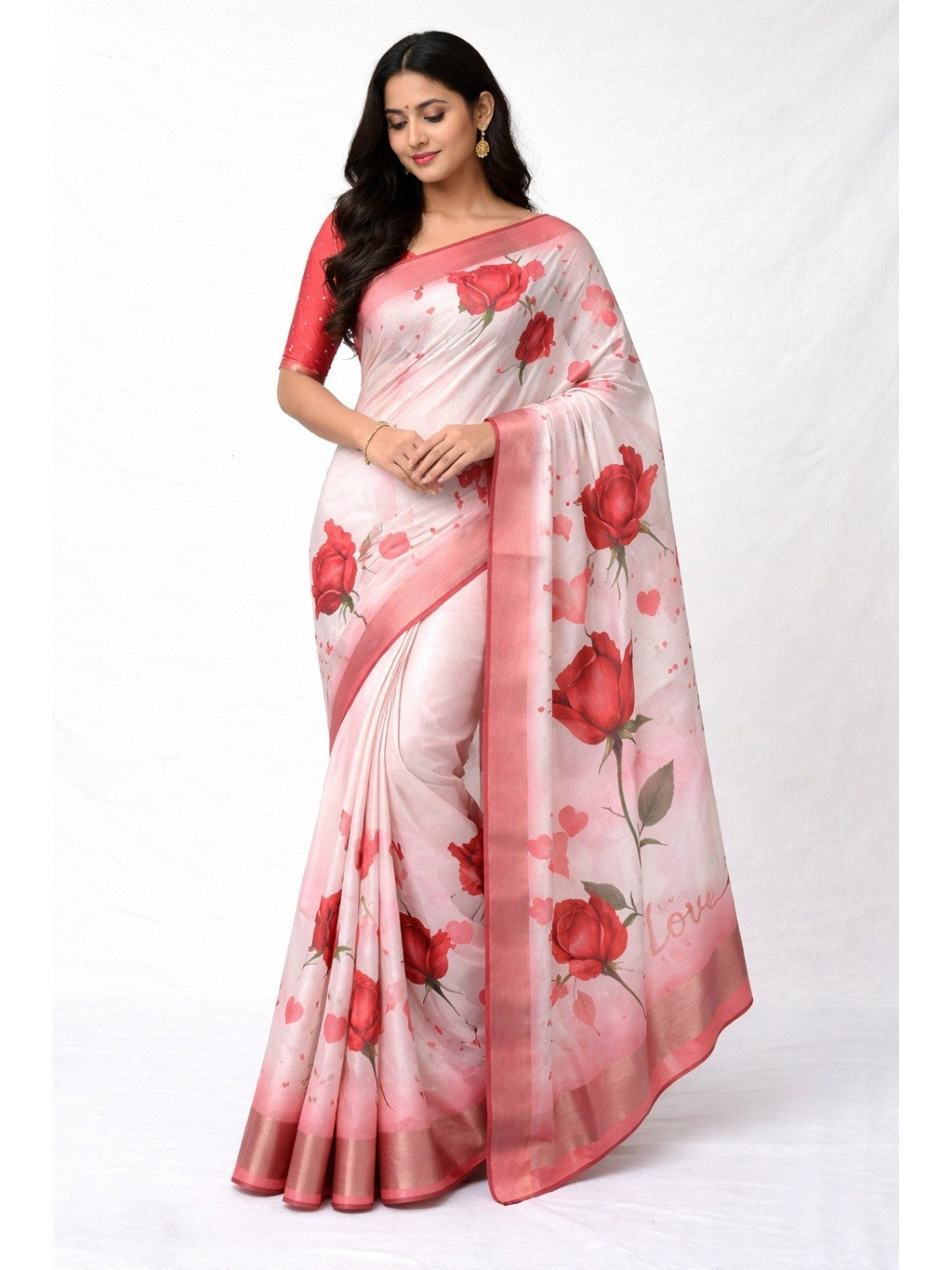 Elegant White & Red Floral Printed Georgette Saree with Zari Border - Image 1