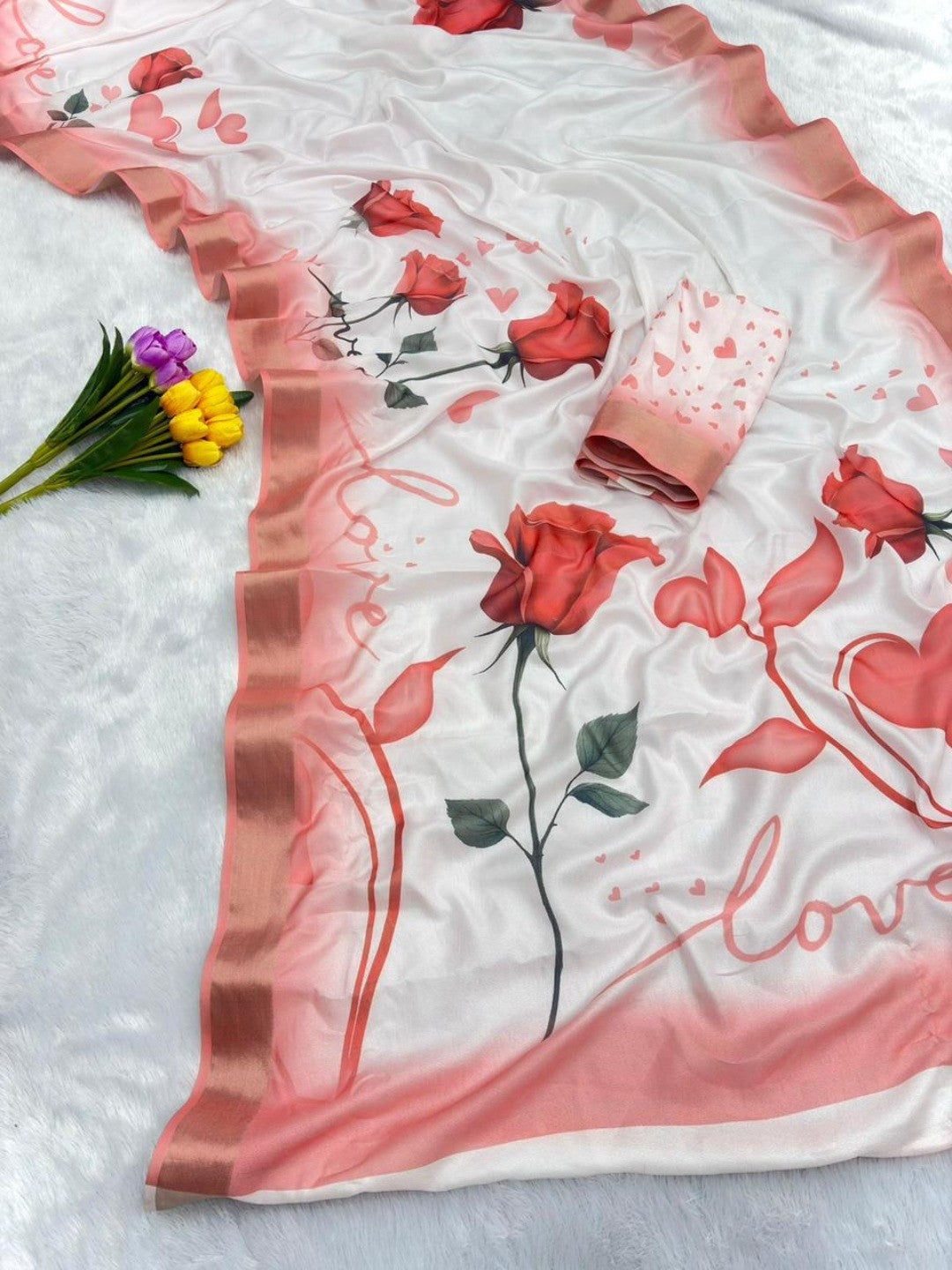 Elegant White & Red Floral Printed Georgette Saree with Zari Border - Image 2