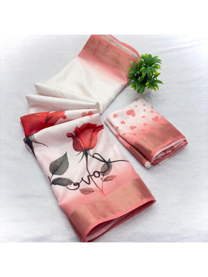 Elegant White & Red Floral Printed Georgette Saree with Zari Border - Image 2