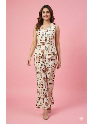 White Geometric Printed Rayon Co-Ord Set in Soft Rayon for Effortless Style - Image 1