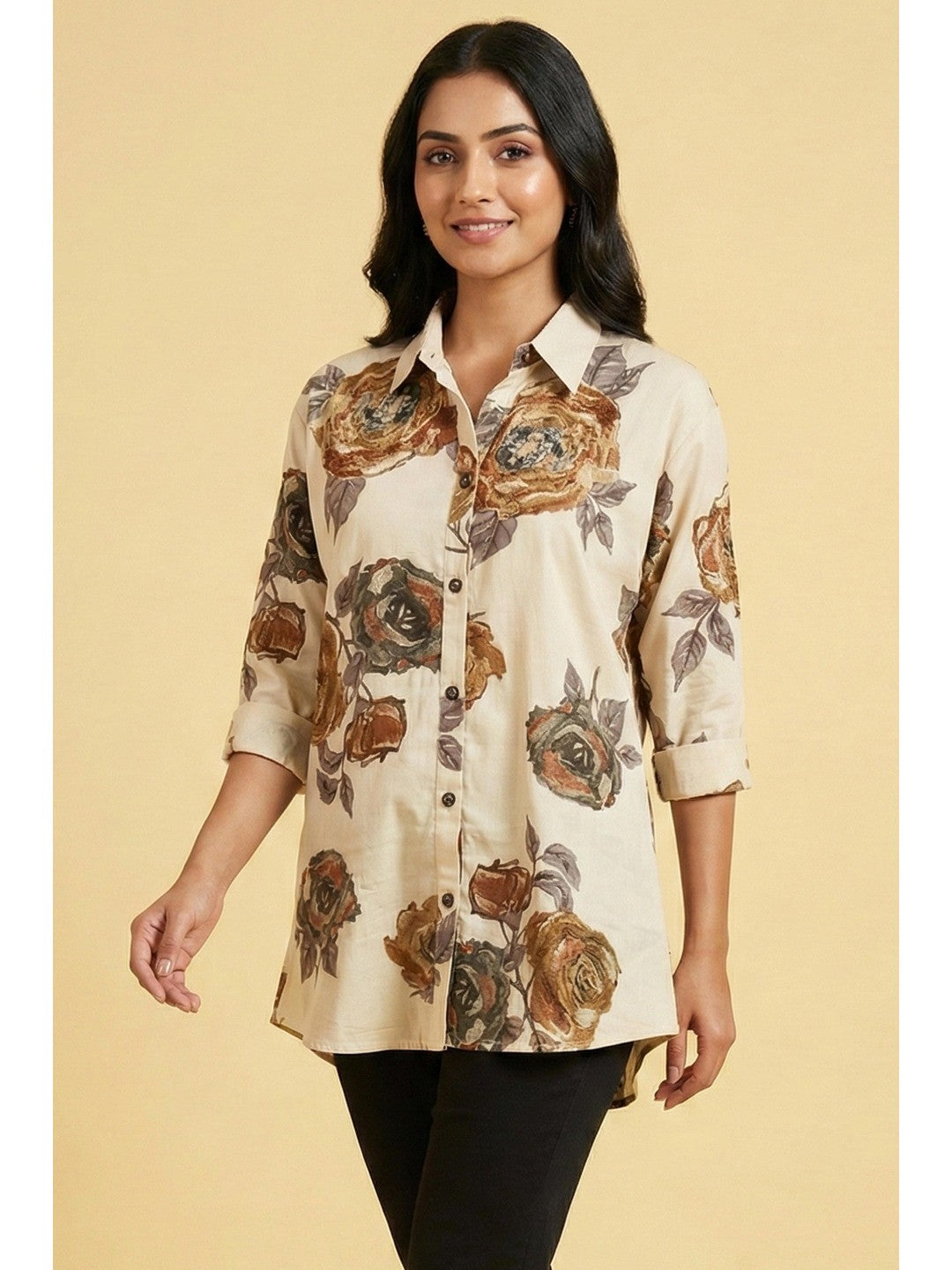 Cream Floral Printed Soft Rayon Straight-Cut Summer Top - Image 1