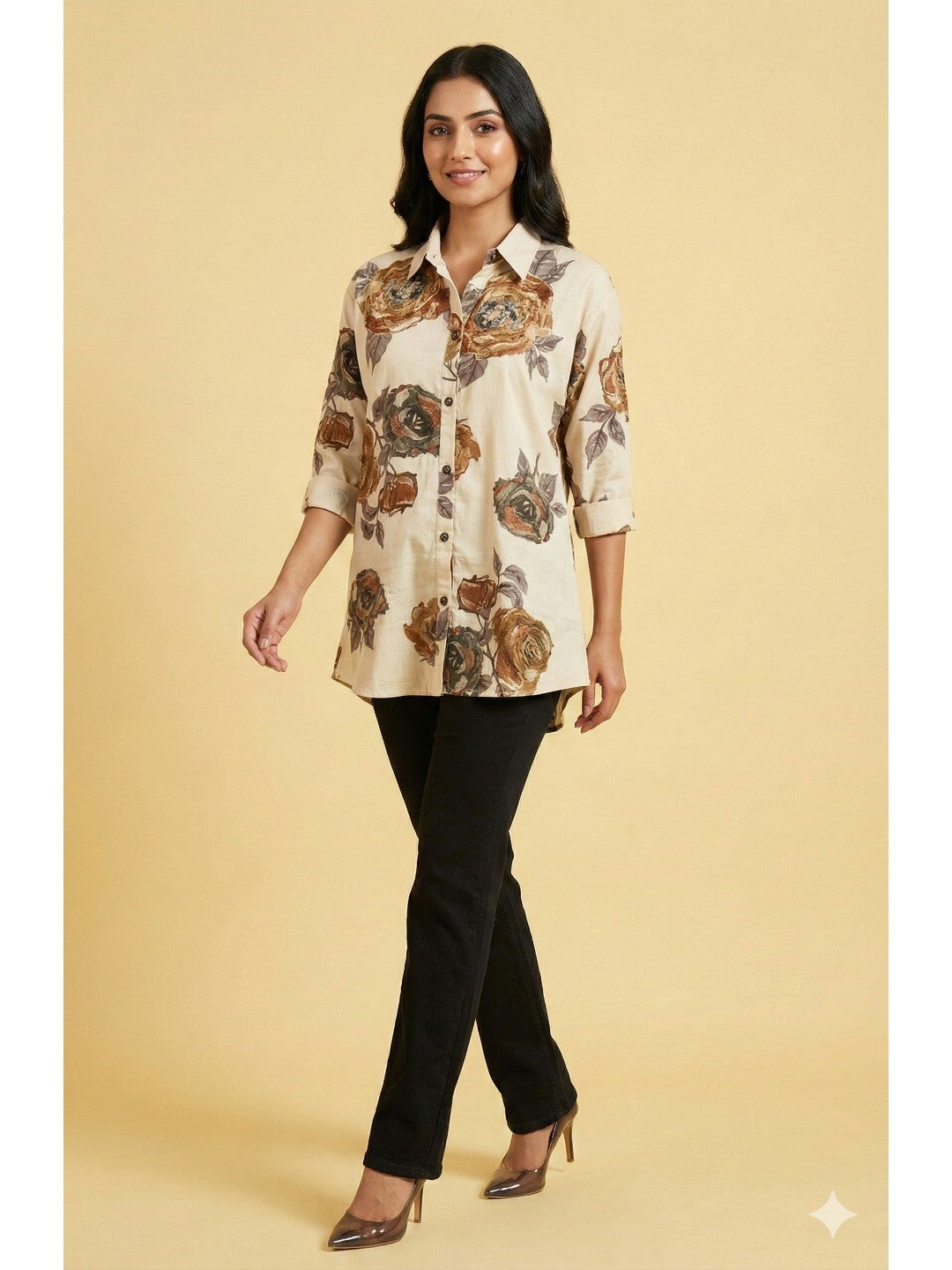 Cream Floral Printed Soft Rayon Straight-Cut Summer Top - Image 4
