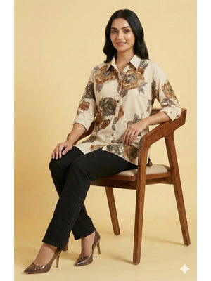 Cream Floral Printed Soft Rayon Straight-Cut Summer Top - Image 2