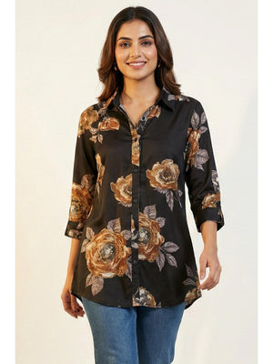 Black Floral Printed Soft Rayon Straight-Cut Summer Top - Image 1