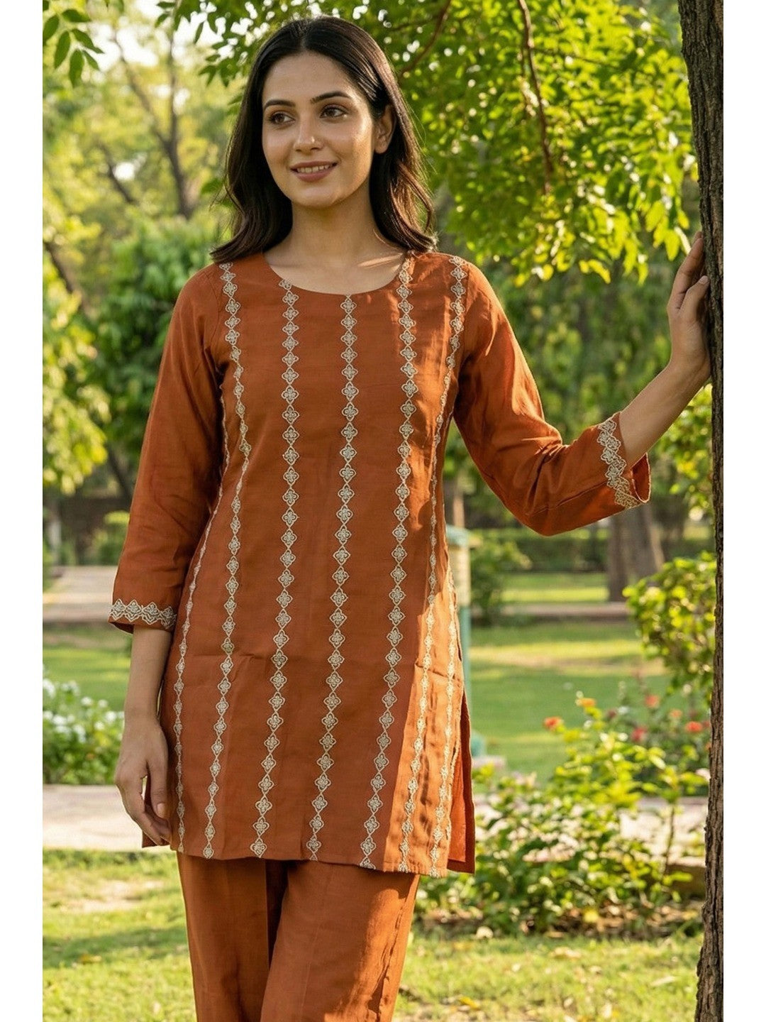 Elegant Rust Chanderi Silk Kurta Set with Delicate Embroidery - Image 2