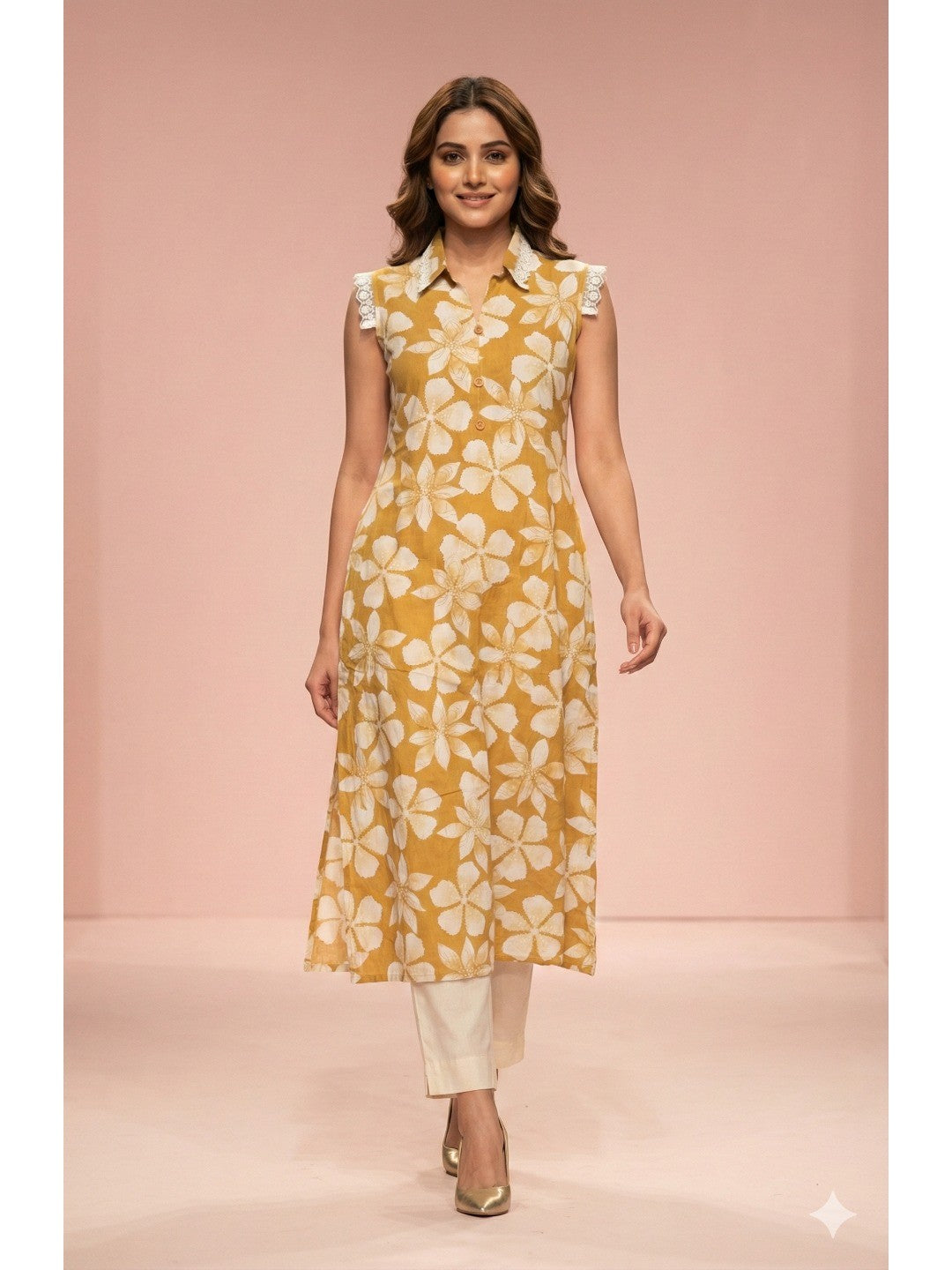Mustard Floral Print Rayon A-Line Kurti with Elegant Design for Casual Outings - Image 1