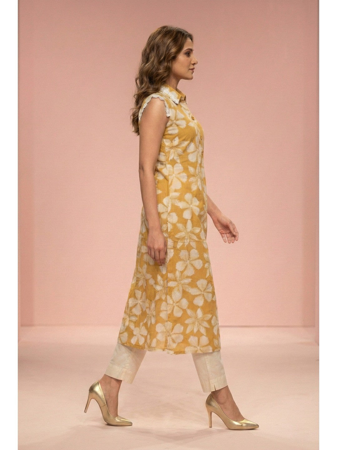 Mustard Floral Print Rayon A-Line Kurti with Elegant Design for Casual Outings - Image 4