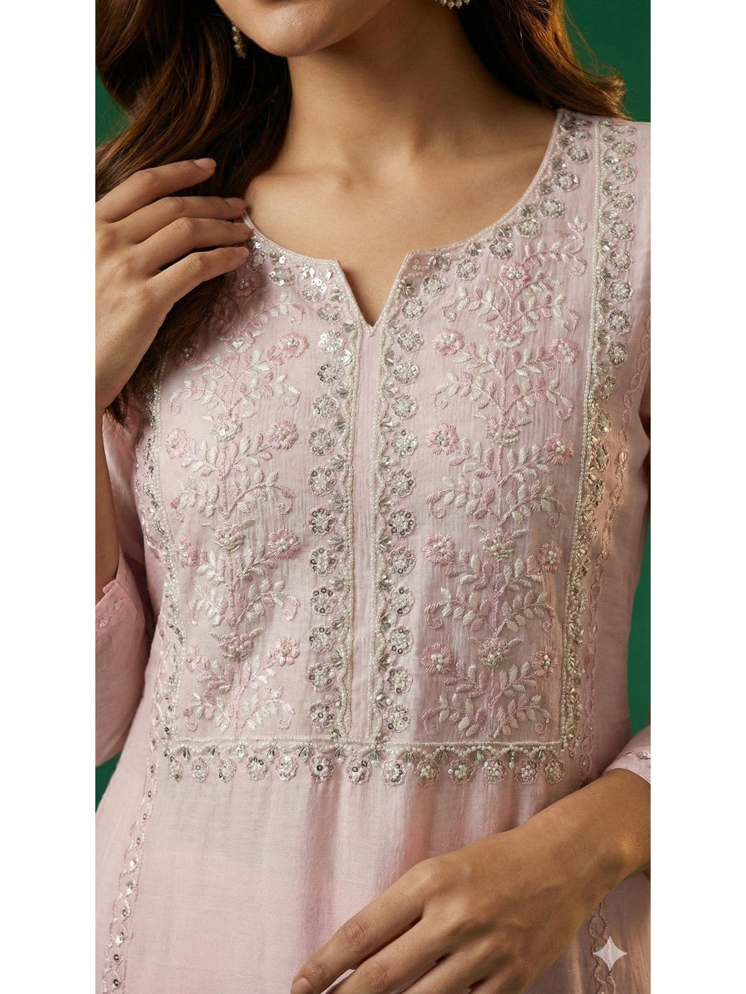 Baby Pink Floral Embroidered Straight Cut Salwar Suit with Smooth Viscose Blend Finish - Image 2