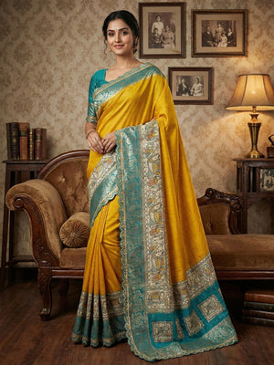 Mustard Floral Printed Dola Silk Saree With Sequins Border - Image 1