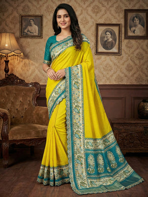 Lemon Yellow Floral Printed Dola Silk Saree With Sequins Border - Image 1