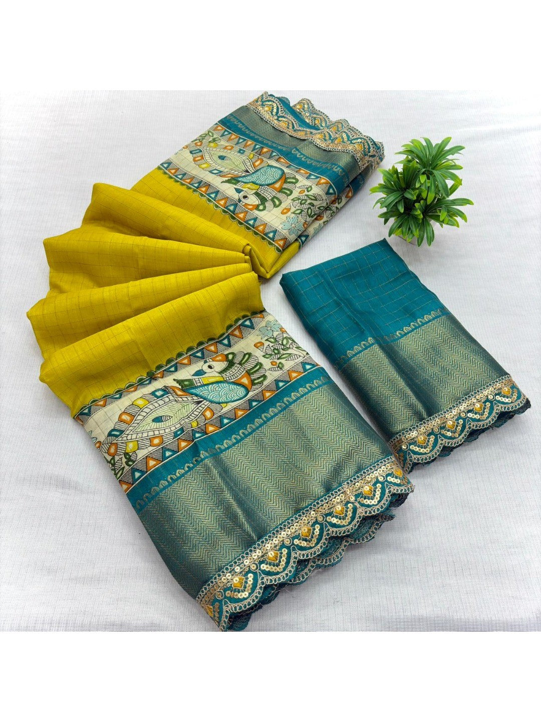 Lemon Yellow Floral Printed Dola Silk Saree With Sequins Border - Image 3