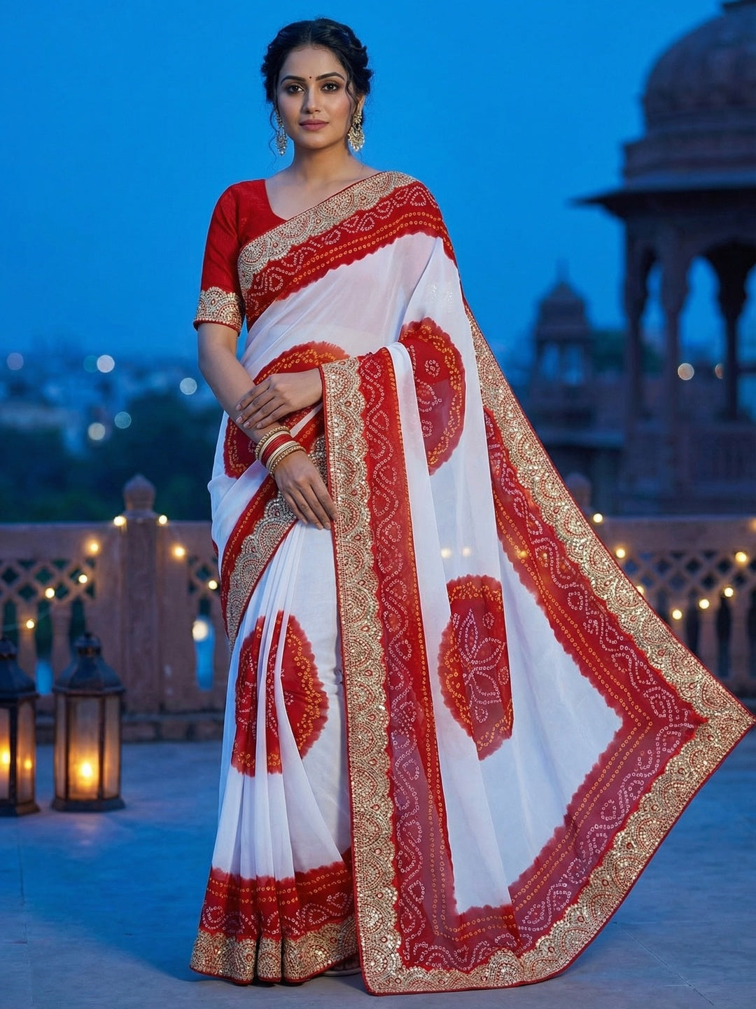 Elegant Red & White Bandhani Printed Georgette Saree with Sequins Border - Image 1