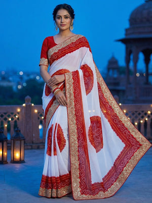 Elegant Red & White Bandhani Printed Georgette Saree with Sequins Border - Image 1