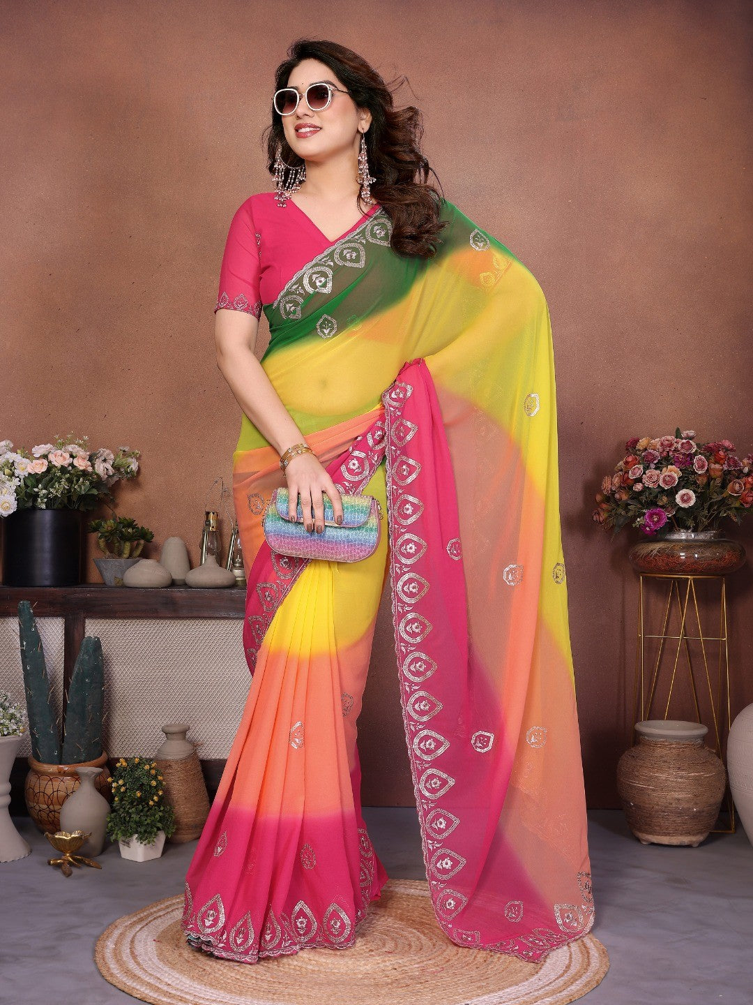 Multicolor Georgette Party Wear Saree with Designer Embroidered Border - Image 1