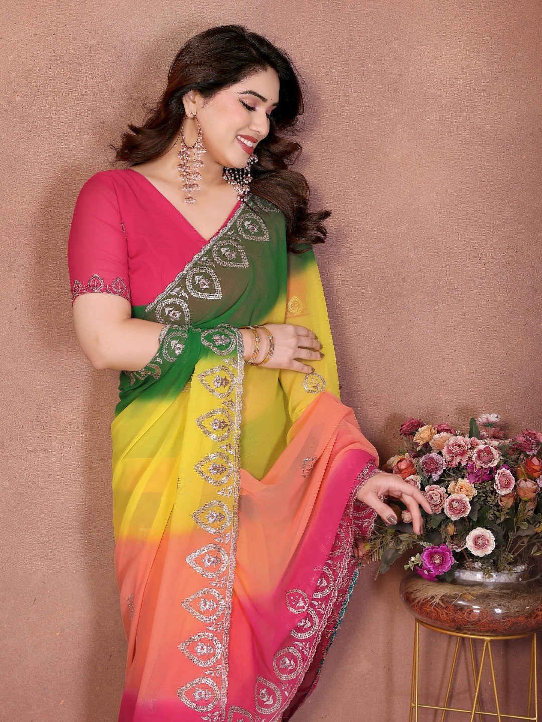 Multicolor Georgette Party Wear Saree with Designer Embroidered Border - Image 2