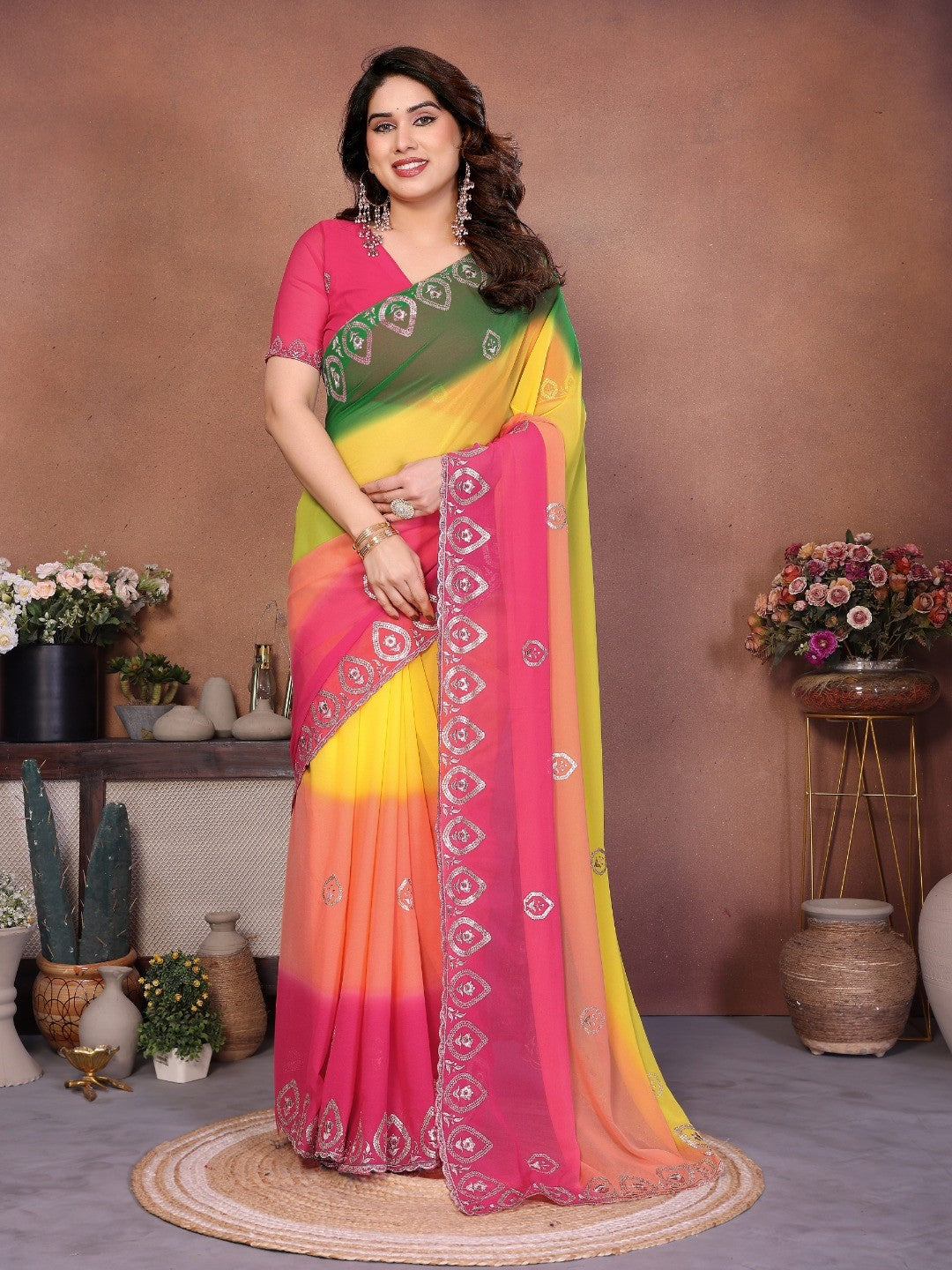 Multicolor Georgette Party Wear Saree with Designer Embroidered Border - Image 4