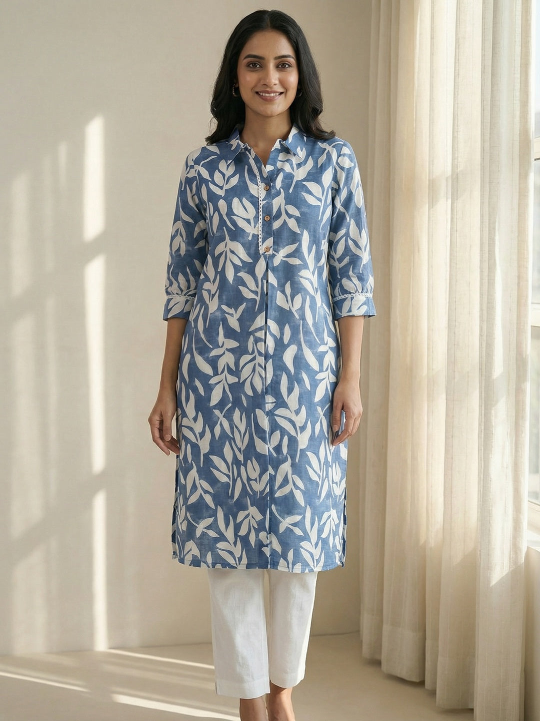 Blue Floral Printed Linen Straight Kurti with Minimalist Casual Style - Image 1