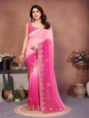 Pink Georgette Party Wear Saree with Designer Embroidered Border - Image 2