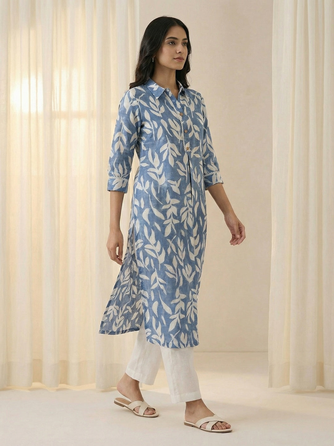Blue Floral Printed Linen Straight Kurti with Minimalist Casual Style - Image 4