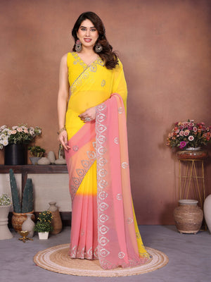 Yellow & Peach Georgette Party Wear Saree with Designer Embroidered Border - Image 1