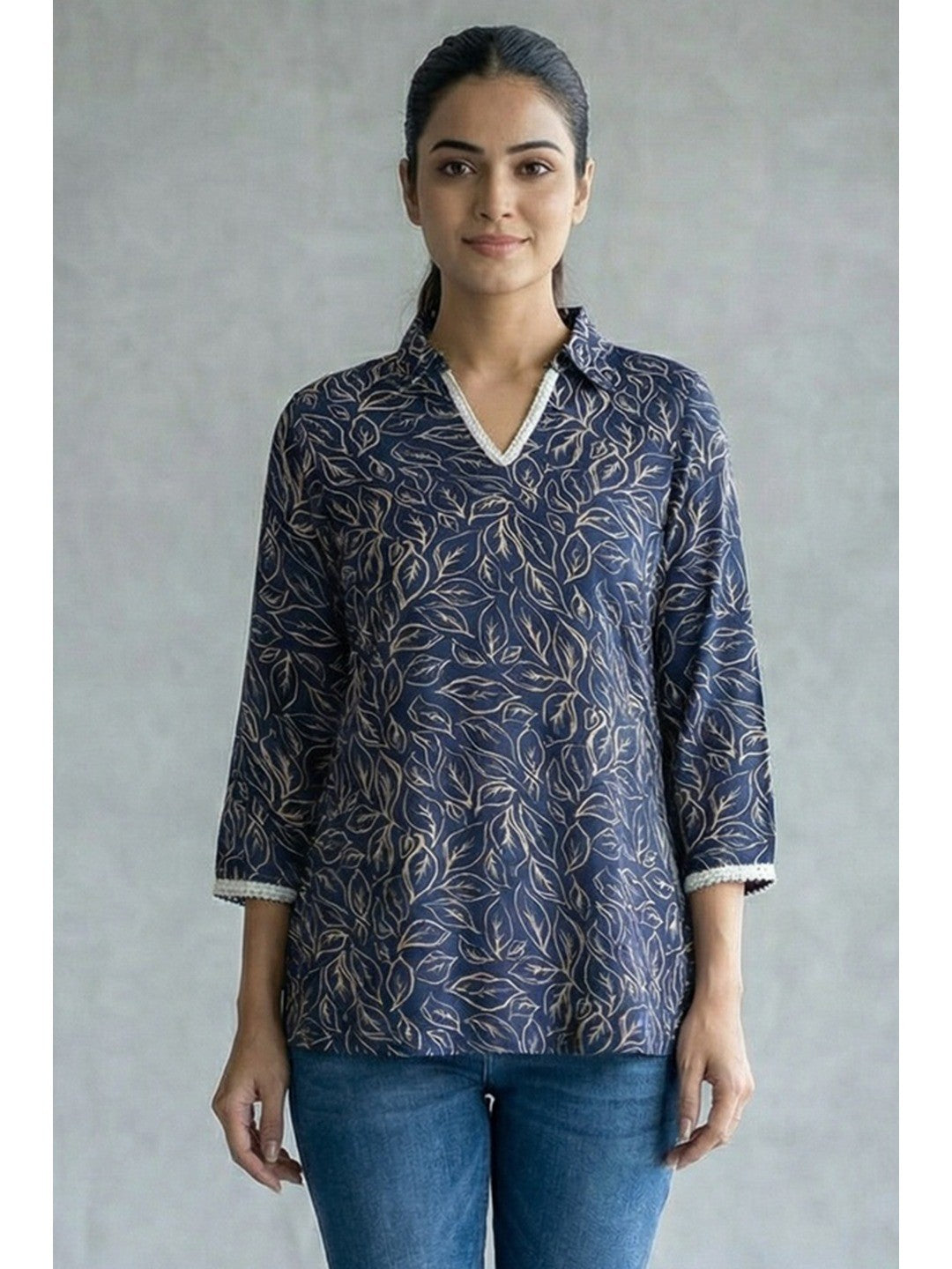 Navy Blue Rayon Floral Printed Straight-Fit Casual Wear Top - Image 1