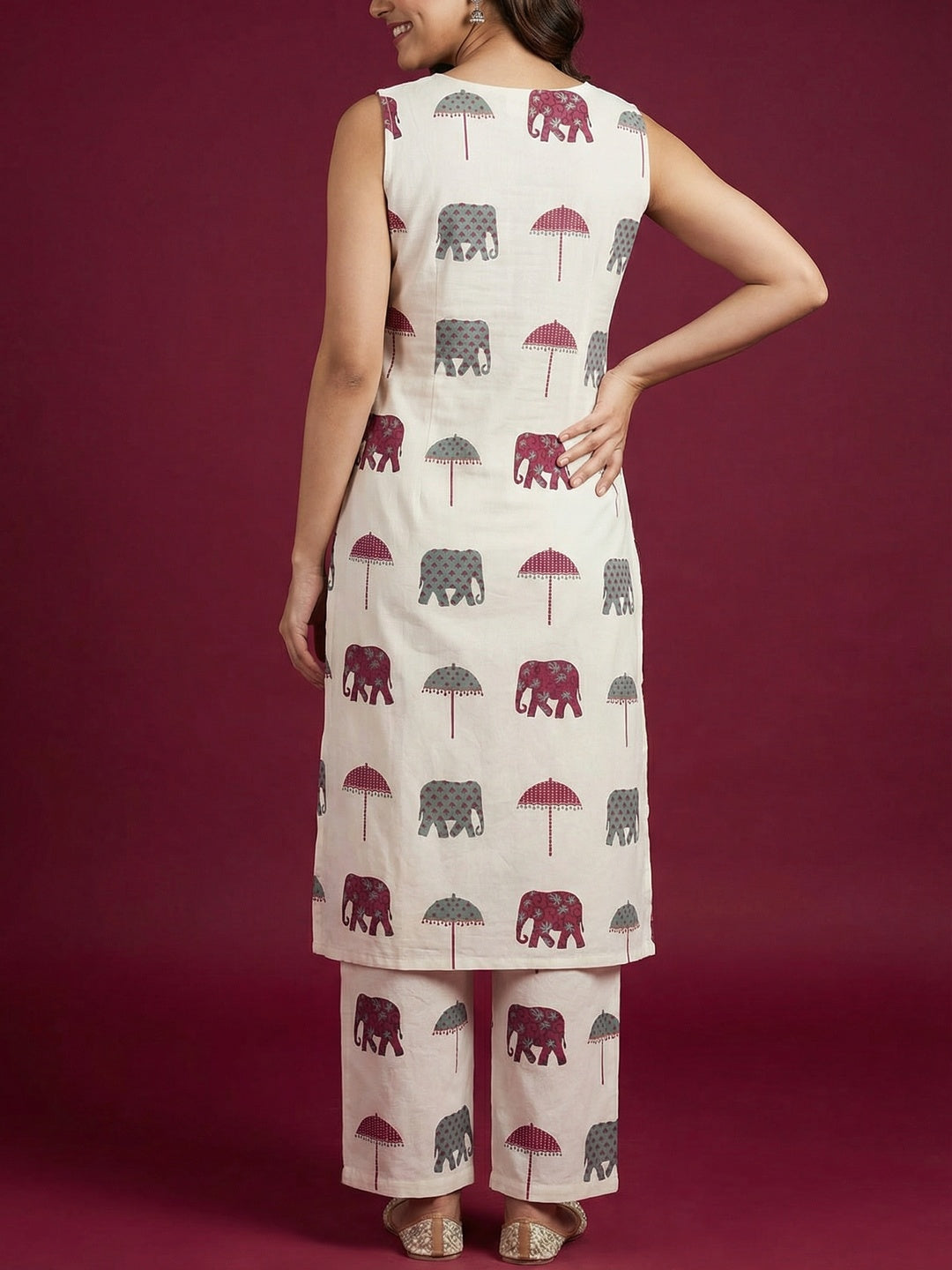 Off White & Maroon Pure Cotton Co-Ord Set with Abstract Print and Straight Fit Silhouette - Image 3